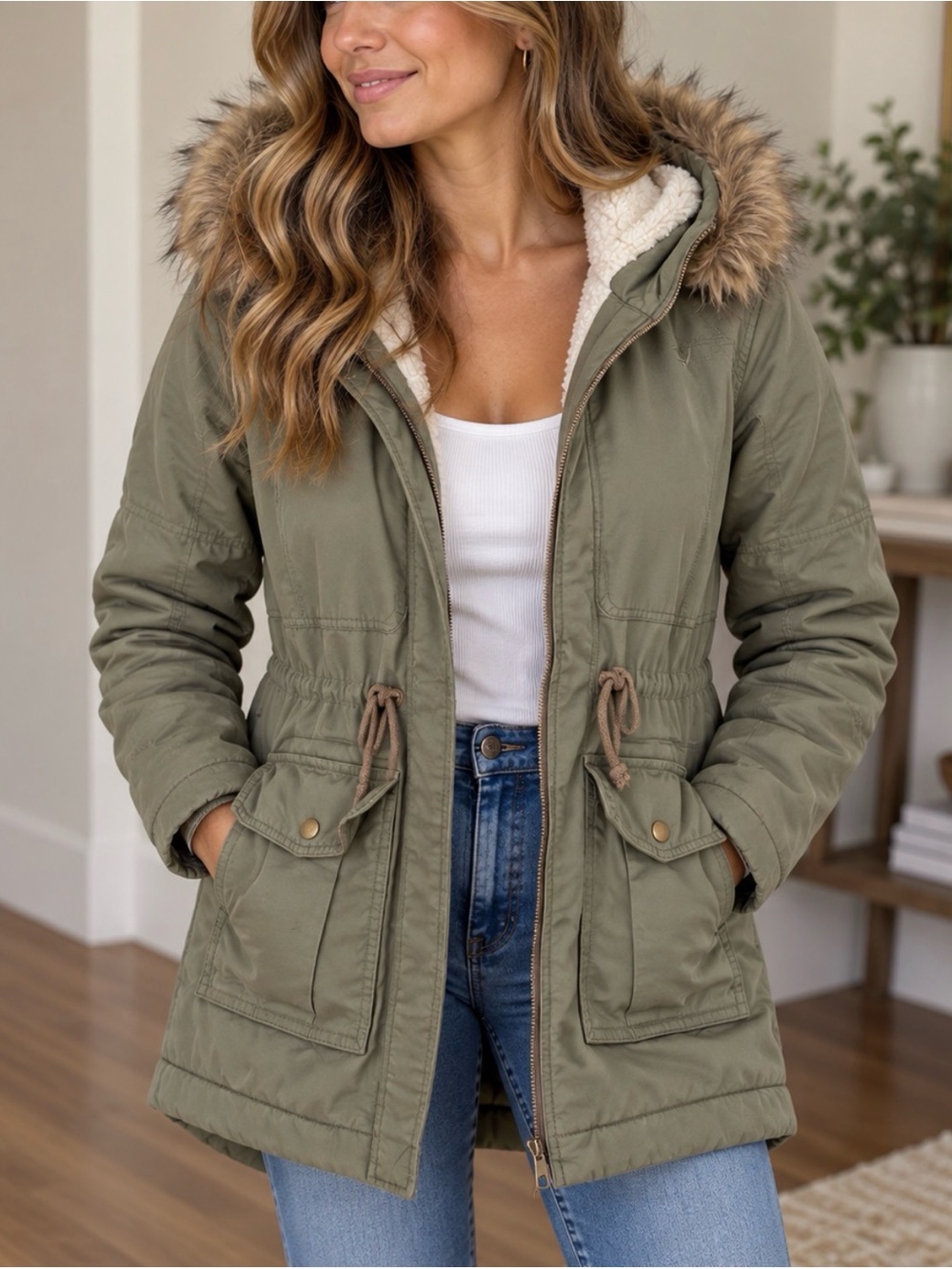 GAP Olive Hooded Parka with Faux Fur Trim